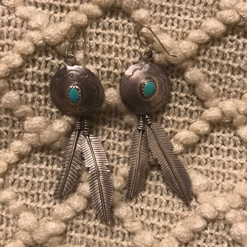 Vintage silver and turquoise feather earrings